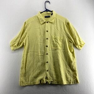 John Ashford 100% Silk Yellow Short‎ Sleeved Button Down Tee Mens Size L